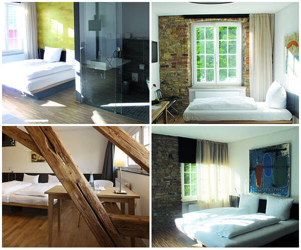 Collage verschiedener Zimmer im OX Hotel.